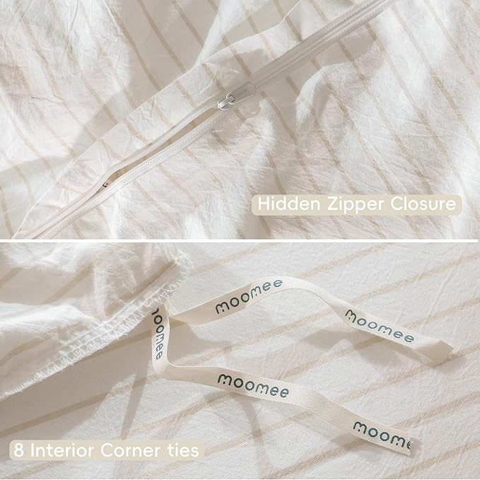 MooMee Striped Duvet Cover Set 100% Washed Cotton Linen Like Textured Breathable Durable Soft Comfy (White Almond Milk Grey Wide Stripes, Oversized Queen 98"x98")