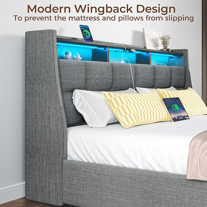 Rolanstar Queen Size Bed Frame with RGB LED Lights & Charging Station, Upholstered Storage Headboard with 4 Drawers, Heavy Duty Metal Frame, No Box Spring Needed, Easy Assembly