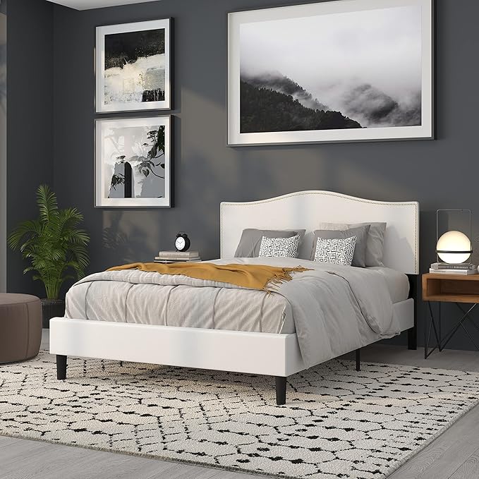 Flash Furniture Lexington Upholstered Queen Size Headboard with Accent Nail Trim in White Fabric