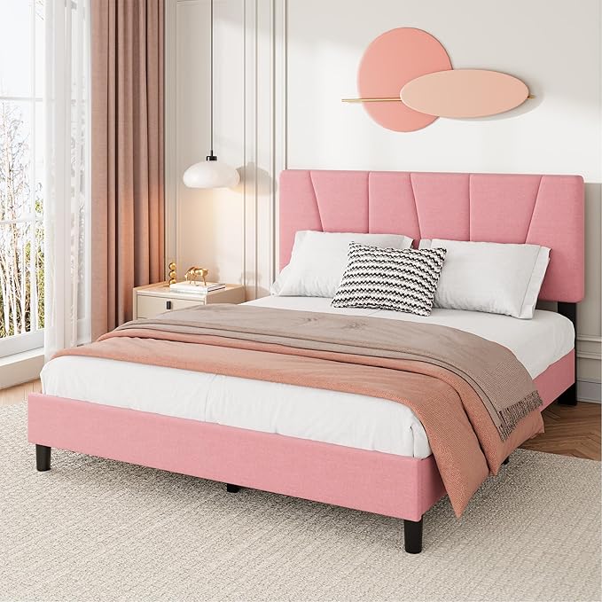 Full Size Upholstered Platform Bed Frame with Adjustable Headboard for kids Girls, Fits 8-14 Inch Mattress, Heavy Duty Bed Frame with Wooden Slats Support, Noise-Free, Non-slip, No Box Spring Needed