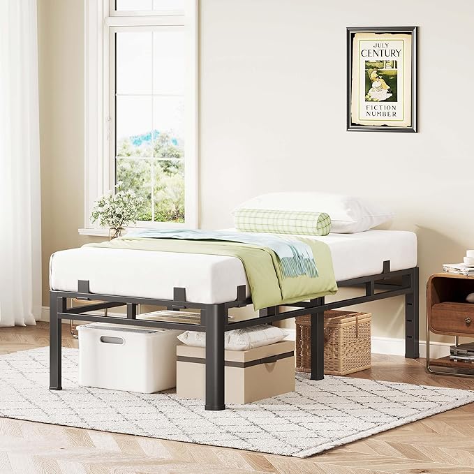 ROIL 14 Inch Twin XL Bed Frame, Double Layer Metal Bed Frame with Round Corner Legs, 4000LBS Bed Frame & Box Spring 2 in 1 Platform with Headboard Holes Mattress Baffles, Noise-Free Easy Assembly