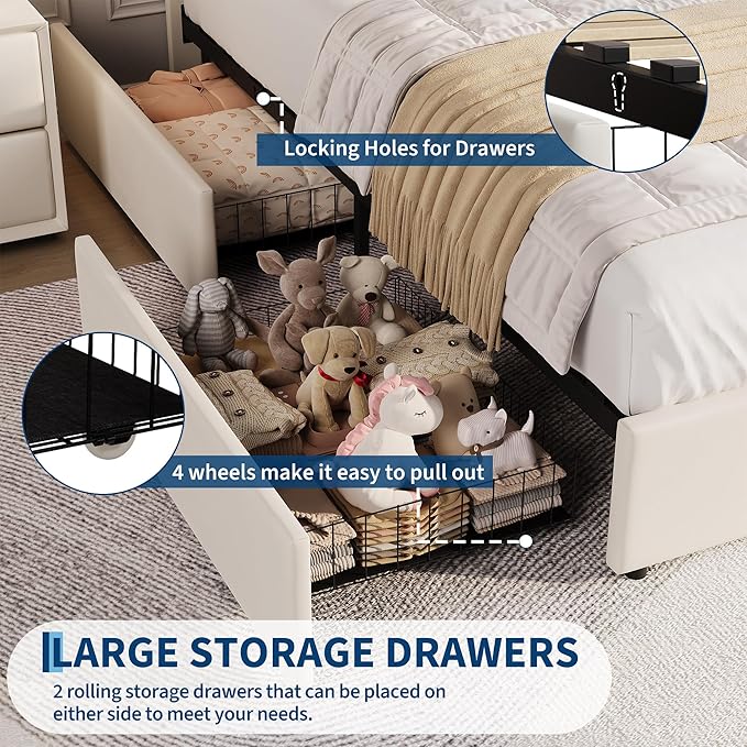 Garvee Twin Size Bed Frame with 2 Flexible Drawers, Velvet Upholstered Platform Bed Frame with Bookcase Headboard and LED Lights, Kids Bed for Girls, Easy Assembly, Noise Free, Beige
