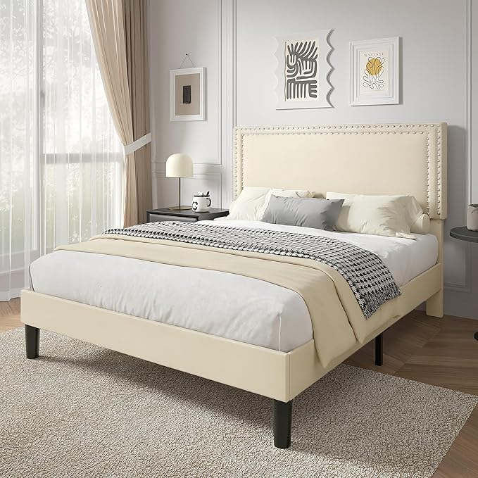 VECELO Full Size Platform Bed Frame with Height Adjustable Upholstered Headboard, Modern Mattress Foundation,Strong Wood Slat Support, No Box Spring Needed, Easy Assembly,Beige