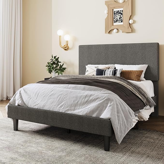 SHA CERLIN Queen Size Platform Bed Frame with Adjustable Headboard and Wooden Slats Support, Boucle Upholstered Mattress Foundation, No Box Spring Needed, Easy Assembly, Dark Grey