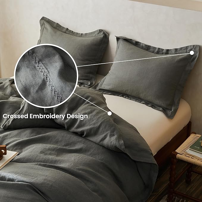 Simple&Opulence 100% Linen Duvet Cover Set with Crossed Embroidery Washed - 3 Pieces (1 Duvet Cover with 2 Pillow Shams) Soft Breathable Farmhouse - Cushing Green, Queen Size