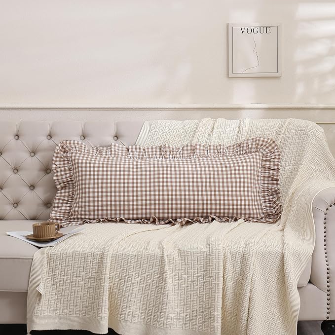 14x36 inches Taupe Plaid Ruffle Gingham Lumbar Throw Pillow Cover, Pure Cotton Decor Pillowcase French Country Vintage Fall Pillow Case for Bedding Couch