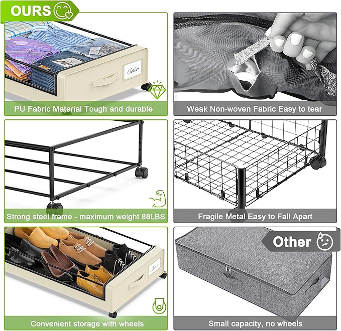 YAASHEEN Under Bed Storage with Wheels, Under the Bed Storage Containers with Clear Lids & Label, Underbed Storage Bins, XXL 60L Rolling Metal Drawer for Clothes, Shoes, Toys, Books (Beige)