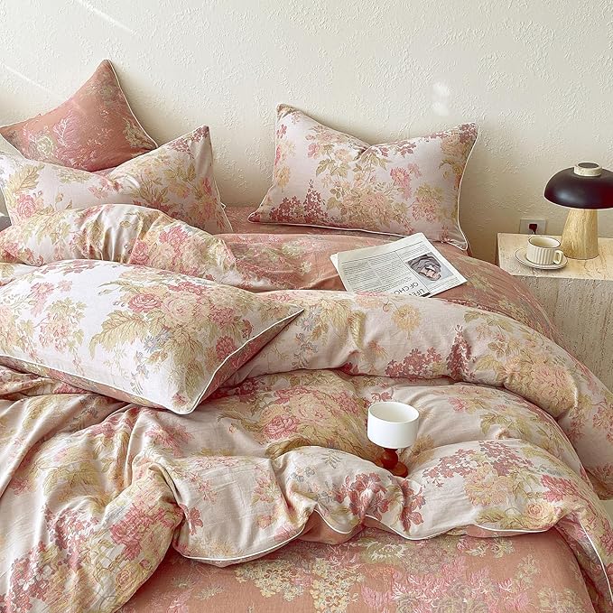 VM VOUGEMARKET Pastoral Double Layer Gauze Cotton Duvet Cover Set – Peach Blush Floral Jacquard,Cozy Reversible Vintage Bedding Set King Size