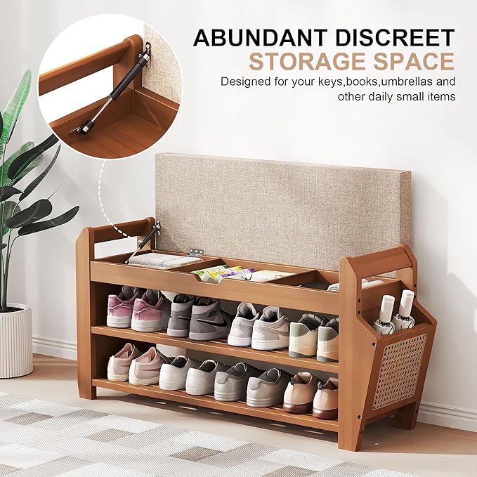 PETKABOO 31.5" Bamboo Shoe Rack Bench with Storage, 3-Tier Entryway Bench with Thick Cushion, Flip-Top & Side Baskets, Holds Up to 550 LBS for Hallway, Living Room, Bedroom