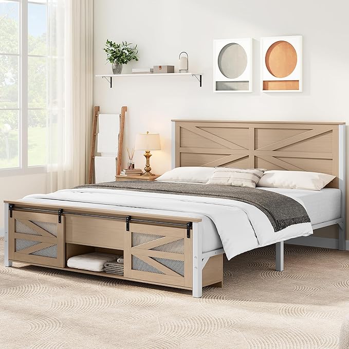 YITAHOME Queen Size Farmhouse Bed Frame with Sliding Barn Door Storage Cabinets, Platform Bed Frame with 47.2" Headboard, Solid Metal Slats Support, Noiseless, No Box Spring Needed, Oak