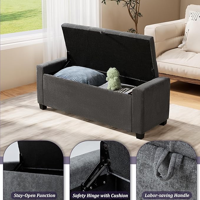 Royal Windsor Ottoman with Storage,Tufted Storage Bench with Safety Hinge,Holds up to 350 lb,Upholstered Bench with Seating for Bedroom, Living Room,Entryway,Linen Dark Gray