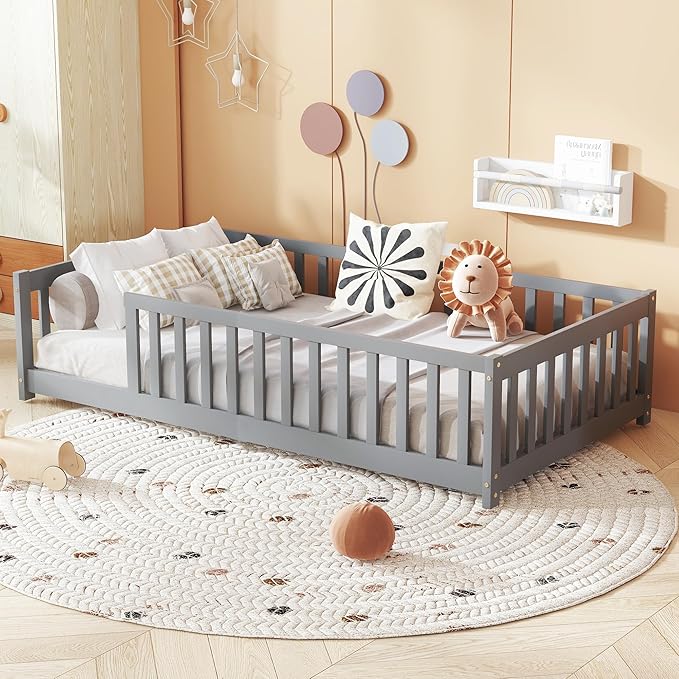 Bellemave Twin Floor Bed with Slats and Guardrails, Wood Montessori Floor Beds with Fence, Easy Assemble Floor Bed for Kids, Girls, Boys, Gary
