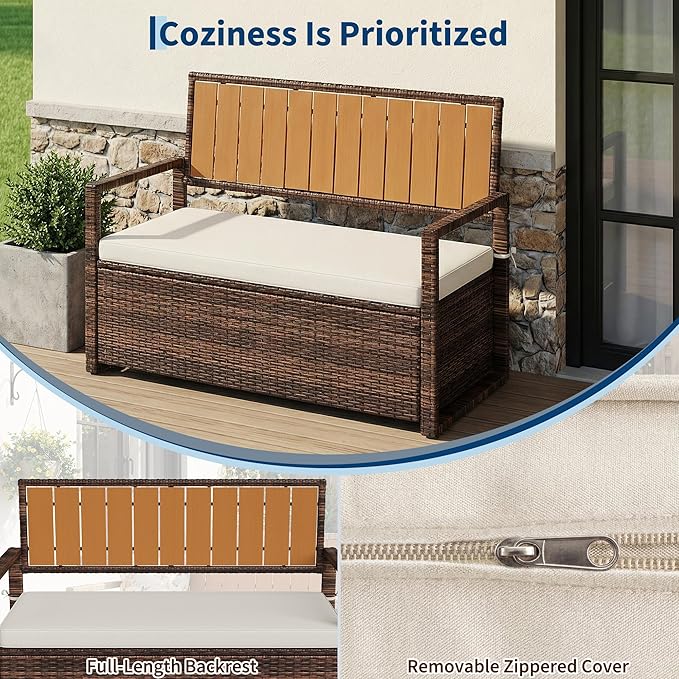 Outdoor Storage Bench with Cushion, 2-Person All-Weather PE Rattan Patio Bench with Backrest & Armrests, Waterproof Wicker Deck Box Seat for Garden, Porch, Poolside & Backyard, Metal Frame，Brown
