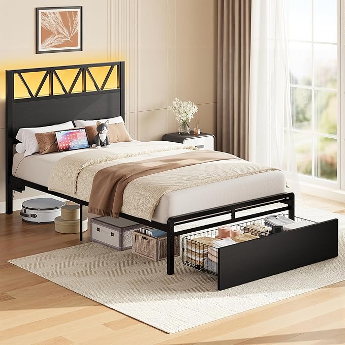 LIKIMIO Twin Bed Frames with Storage Drawer, Charging Station and LED Lights, Twin Bed Frame with 43" Headboard, No Box Spring Needed, Easy Assembly for Teen Room, Small Apartment, Bedroom, Black