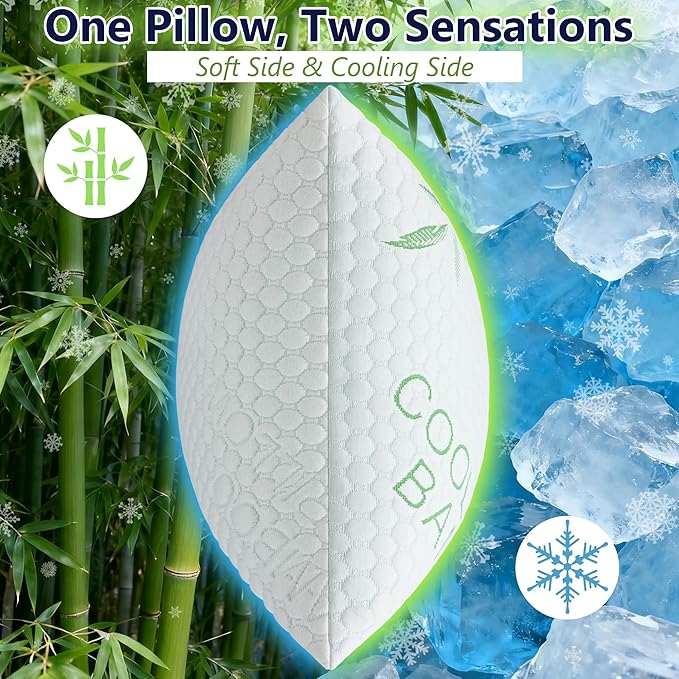Cooling Pillows, Shredded Memory Foam Pillows Standard Size Set of 2 Adjustable Firm Bamboo Bed Pillows for Hot, Side, Back and Stomach Sleepers
