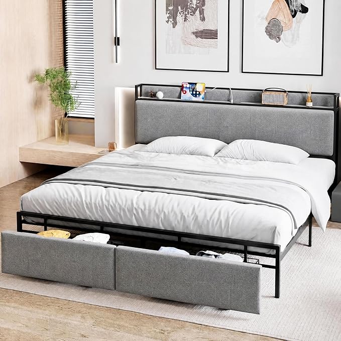 King Size Bed Frame with USB Ports and 2 Storage Drawers, Modern Platform Bed with Upholstered Shelf Headboard, Sturdy, Noise Free, No Box Spring Needed, Gray