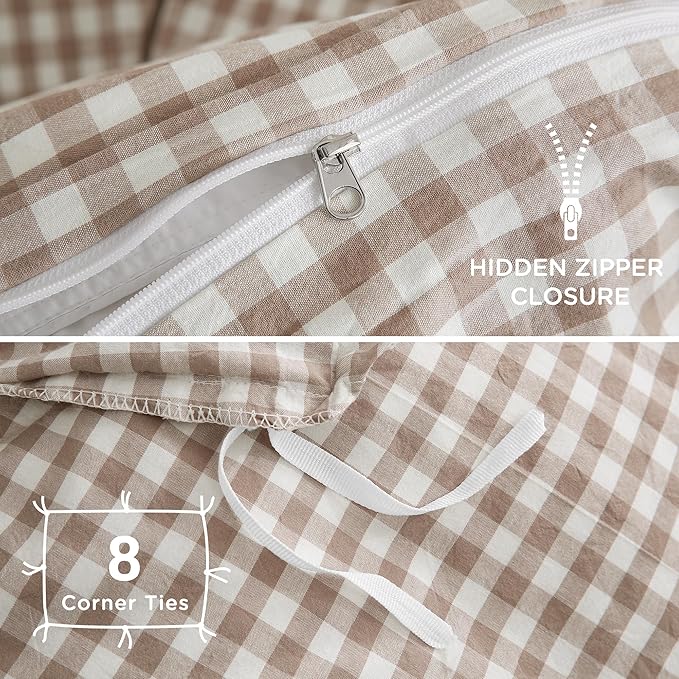 TOCOMOA Tan Gingham Duvet Cover Bedding Set 100% Washed Cotton Like Linen Feel Super Soft Comfy 2 Piece Brown Vintage Plaid Checkered Fall Comforter Cover Set (Twin 68"x90", Comforter Not Included)