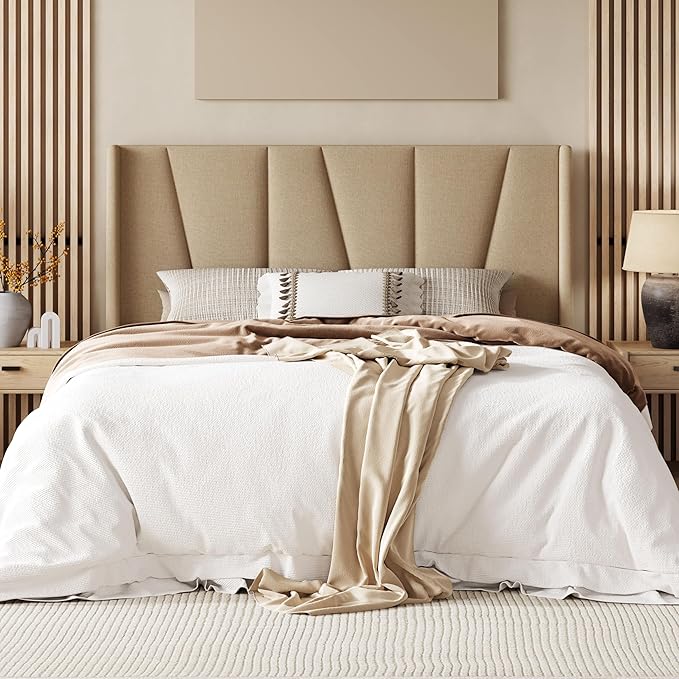 Allewie Full Size Platform Bed Frame with Geometric Wingback Headboard, Boho Upholstered Bed with Wooden Slats Support, No Box Spring Needed, Easy Assembly, Beige