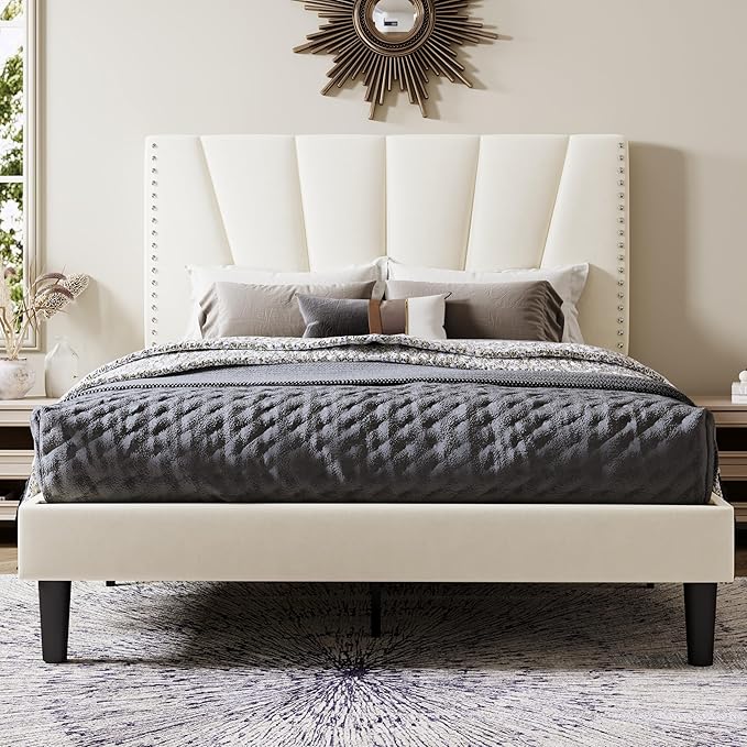 Allewie Full Size Bed Frame with Adjustable Velvet Upholstered Headboard, Rivet-Style Nailhead Trim Detail Platform Bed Frame, Wooden Slat Support, No Box Spring Needed, Easy Assembly, Cream