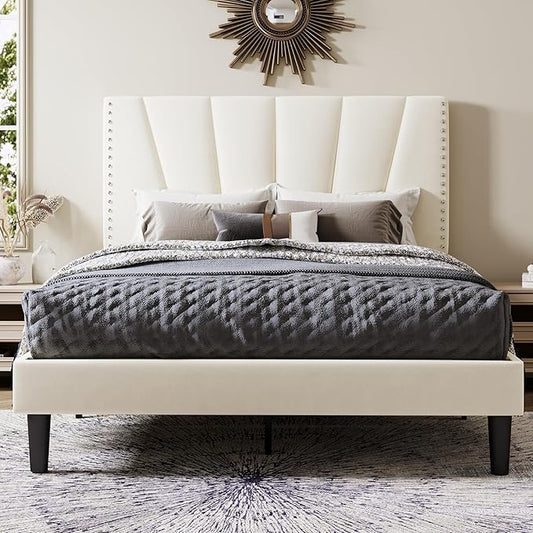Allewie Queen Size Bed Frame with Adjustable Velvet Upholstered Headboard, Rivet-Style Nailhead Trim Detail Platform Bed Frame, Wooden Slat Support, No Box Spring Needed, Easy Assembly, Cream