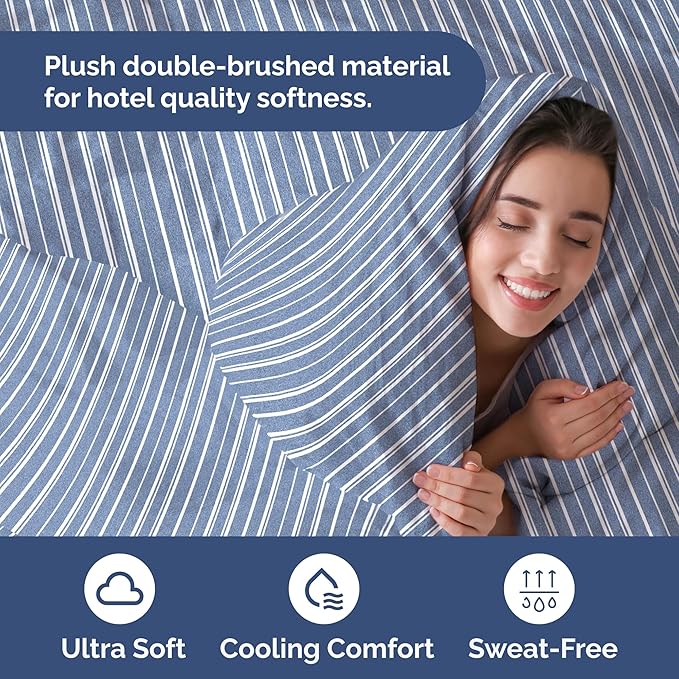 Duvet Cover Cal King Size Set - Extra Soft Cal King Duvet Cover 104" x 98" with 2 Pillow Shams - Hotel Luxury, Easy Care & Fade Free w/ Zipper Closures & Ties - Comfy, Cozy & Breathable (Blue Stripes)