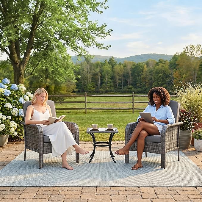 GarveeHome Outdoor Wicker Chairs Set of 2, All-Weather High Back Rattan Patio Furniture, 2-Piece Conversation Set with Comfy Cushions for Porch, Deck, Gray, Blue Cushion