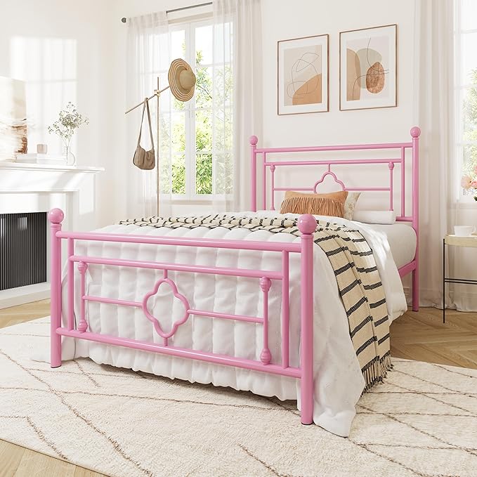 Allewie Twin Size Metal Platform Bed Frame with Victorian Vintage Headboard and Footboard/Mattress Foundation/Under Bed Storage/No Box Spring Needed/Noise-Free/Easy Assembly, Pink