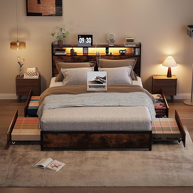 VINGLI Full Platform with 4 Storage Drawers and Headboard, Metal Double Bed with Charging Station and LED Lights, No Box Spring Needed, Noise Free, Easy Assembly, Vintage Brown