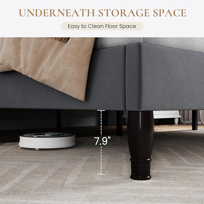 SHA CERLIN Full Size Bed Frame with Adjustable Headboard/Velvet Upholstered/Diamond Button Tufted and Metal Studs/No Box Spring Needed/Wooden Slat Support/Easy Assembly/Light Grey