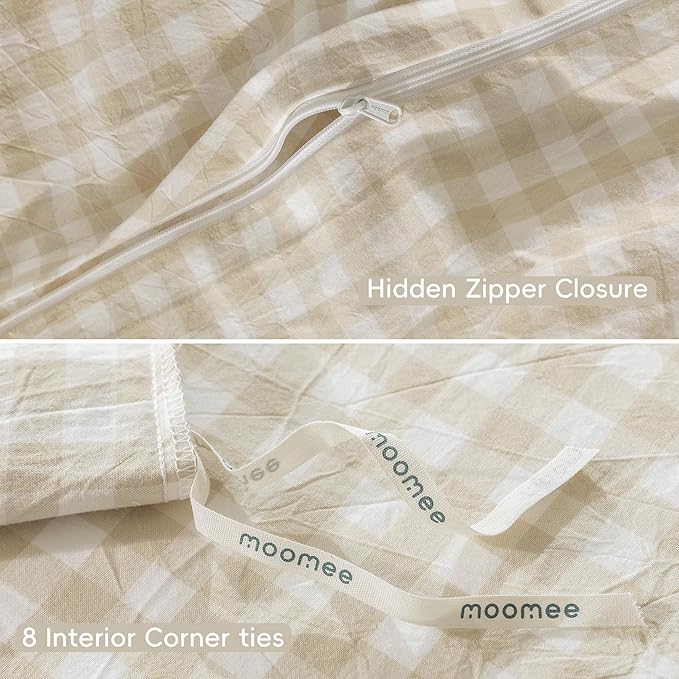 MooMee Gingham Duvet Cover Set 100% Washed Cotton Linen Like Textured Breathable Durable Soft Comfy Modern Checkered Design (Almond Milk Grey Gingham, Queen 90"x90")