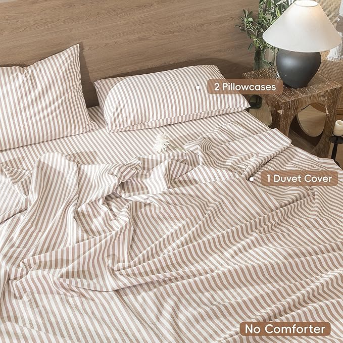 MooMee Striped Duvet Cover Set 100% Washed Cotton Linen Like Textured Breathable Durable Soft Comfy (Orange Classic Stripes, Super Queen 90"x98")