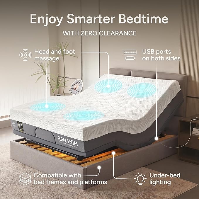 SFE Queen Adjustable Bed Frame with Mattress - 14" Gel Memory Foam - Zero Clearance, Electric Massage, Wireless Remote for Head & Foot Incline, Zero Gravity, Underbed Lights & 4 USB Ports