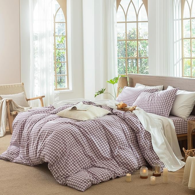 MooMee Gingham Duvet Cover Set 100% Washed Cotton Linen Like Textured Breathable Durable Soft Comfy Modern Checkered Design (Classic Gingham Light Purple, Cal King 104"x98")