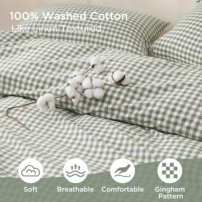 TOCOMOA Green Gingham Duvet Cover Bedding Set 100% Washed Cotton Like Linen Feel Super Soft Comfortable 2 Piece Vintage Plaid Checkered Comforter Cover Set (Twin 68"x90", Comforter Not Included)