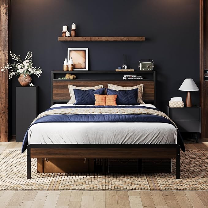 LIKIMIO Full Bed Frame with Headboard, Dark Wood Camas Full with Strong Supports, Sturdy, Noise-Free, No Box Spring Needed, Dark Walnut