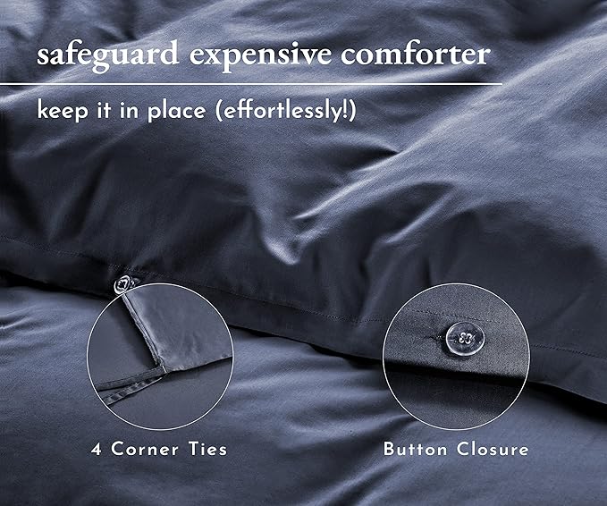 Oversized King Duvet Cover Cotton Only - 400 Thread Count, 100% Cotton Sateen, Soft and Durable Bedding Duvet Cover, Button Closures, Corner Ties - Indigo Dusty Blue