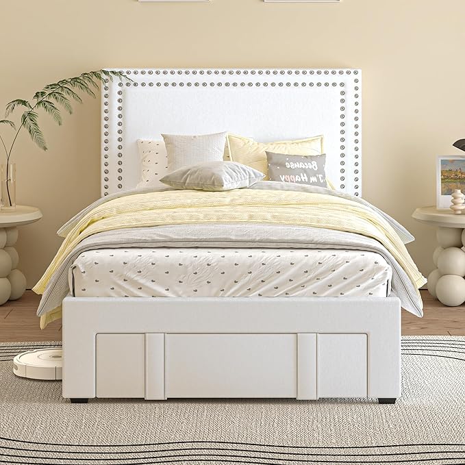 VECELO Twin Size Upholstered Bed Frame with Storage Drawer, Adjustable Velvet Rivet Decor Headboard, Wooden Slats Platform Support, No Box Spring Needed, Easy Assembly,White