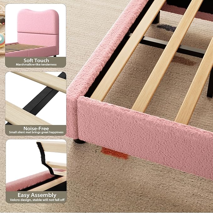 Boucle Twin Bed Frame for Kids with Upholstered Headboard, Low Profile Sturdy Platform Bed with Soft Boucle Fabric for Girls and Boys, Heavy Duty, Wooden Slats, Noise Free, No Box Spring Needed, Pink