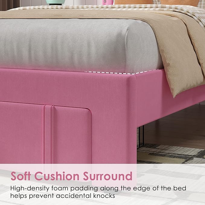 VECELO Twin Size Upholstered Bed Frame with Storage Drawer, Adjustable Velvet Rivet Decor Headboard, Wooden Slats Platform Support, No Box Spring Needed, Easy Assembly,Pink