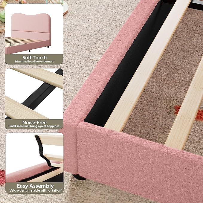GarveeHome Boucle Full Size Bed Frame with Upholstered Headboard, Soft Low Profile Sturdy Platform Bed with Rounded Corners Design, Heavy Duty, Wooden Slats, Noise Free, No Box Spring Needed, Pink