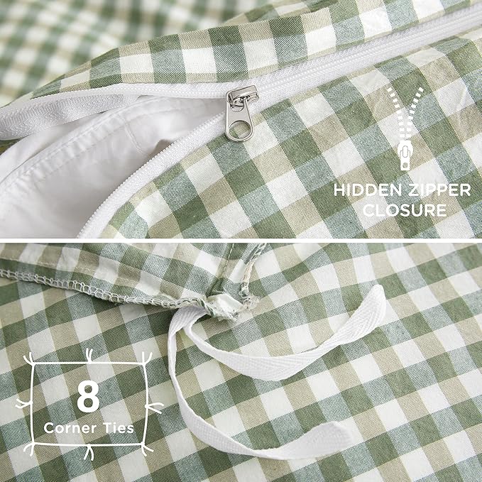 TOCOMOA Green Gingham Duvet Cover Bedding Set 100% Washed Cotton Like Linen Feel Super Soft Comfortable 3 Piece Plaid Checkered Comforter Cover Set (California King 104"x98", Comforter Not Included)
