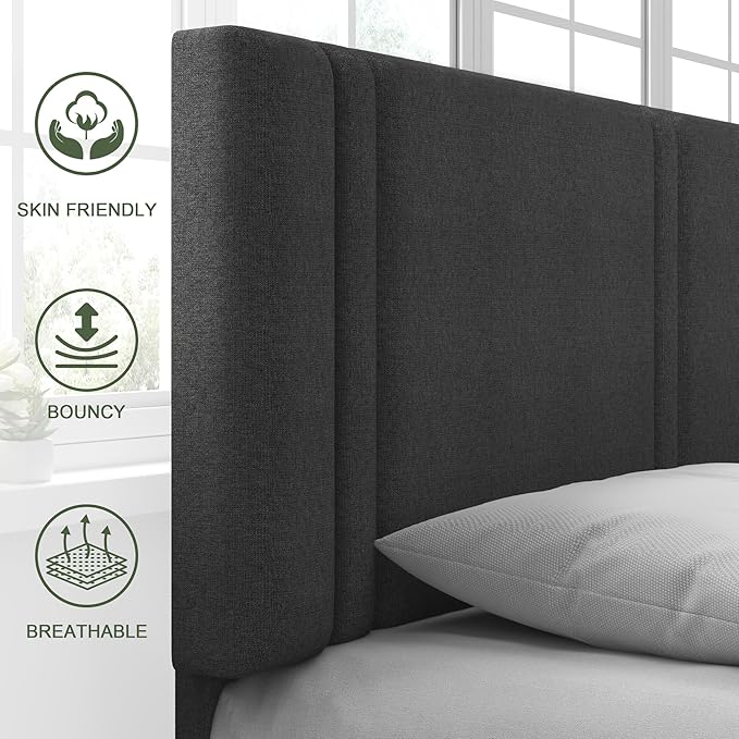 Feonase Full Size Platform Bed Frame, Fabric Upholstered Full Bed Frame, Solid Wood Slats & Heavy Duty Feet Support, No Box Spring Needed, Noise-Free, Easy Assembly, Dark Grey