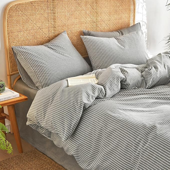 Wake In Cloud - Striped Cotton Duvet Cover Set, 100% Washed Cotton Textured Percale Bedding Set, Ticking Stripe Pinstripe Farmhouse, 3 Pieces, Grey, Full Size