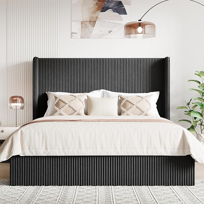 Allewie Full Lift-Up Storage Bed Frame with Modern Wingback Headboard, Corduroy Upholstered Platform Bed, Hydraulic Gas Lift Support, Underbed Storage, Wooden Slats, No Box Spring Needed, Black