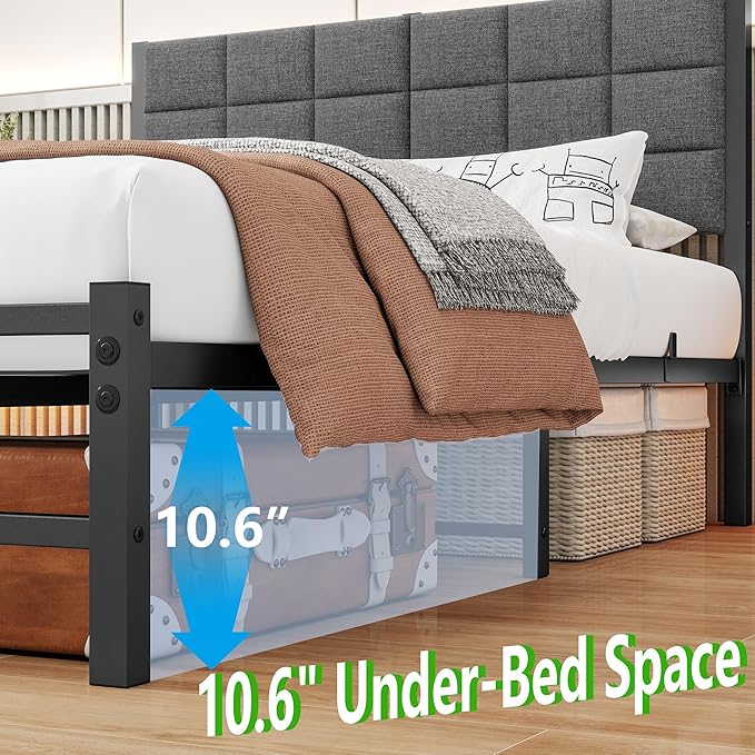 Full Size Bed Frame with Headboard,Metal Full Bed Frame with Under Bed Storage,No Box Spring Needed,Easy Assembly,Grey