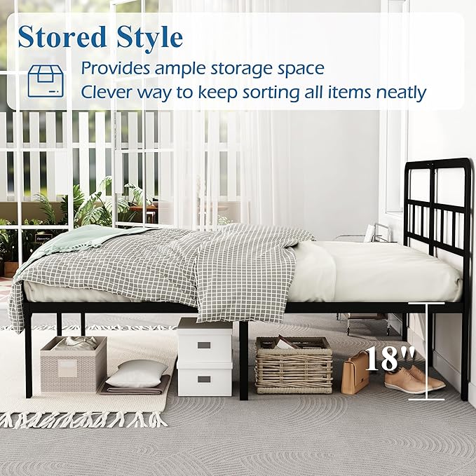 DiaOutro 18 Inch Full Size Bed Frame with Headboard No Box Spring Needed, Heavy Duty Metal Platform with Steel Slat, Mattress Foundation, Easy Assembly, Noise Free, Black