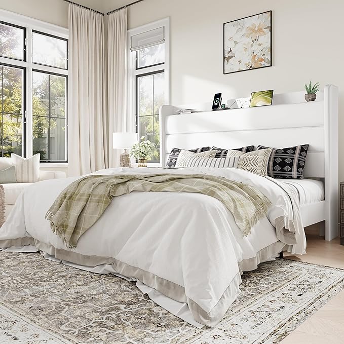 Allewie King Size Upholstered Bed Frame with Charging Station & Storage Headboard, Soft Velvet Wingback Platform Bed, Strong Wooden Slats Support, No Box Spring Needed, Easy Assembly, White