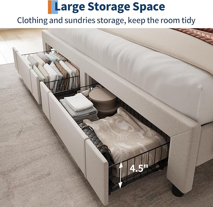 Garvee Upholstered Bed Frame King Size with Storage Headboard and Charging Station, Platform Bed Frame with Drawers, Heavy Duty, No Box Spring Needed, Easy Assembly, Beige