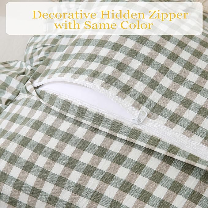 14x36 inches Sage Green Plaid Ruffle Lumbar Pillow Sham 1 Piece, Pure Cotton Gingham Decor Pillowcase French Country Vintage Cushion Cover for Bedding Couch