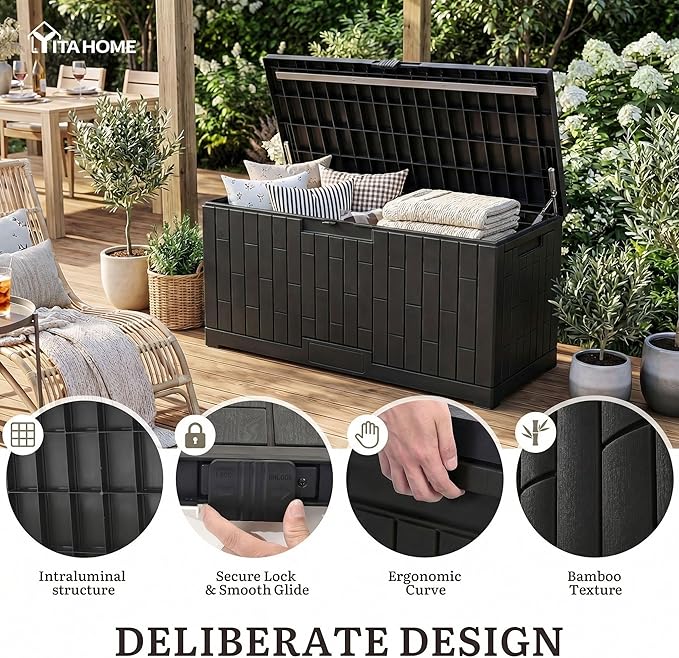 YITAHOME Large Outdoor Storage Box, 120 Gallon Waterproof Resin Deck Box with Slide-Locking Lid, Patio Storage Bin and Bench Seat for Garden Tools, Cushions & Pool Supplies, Easy Assembly, Black